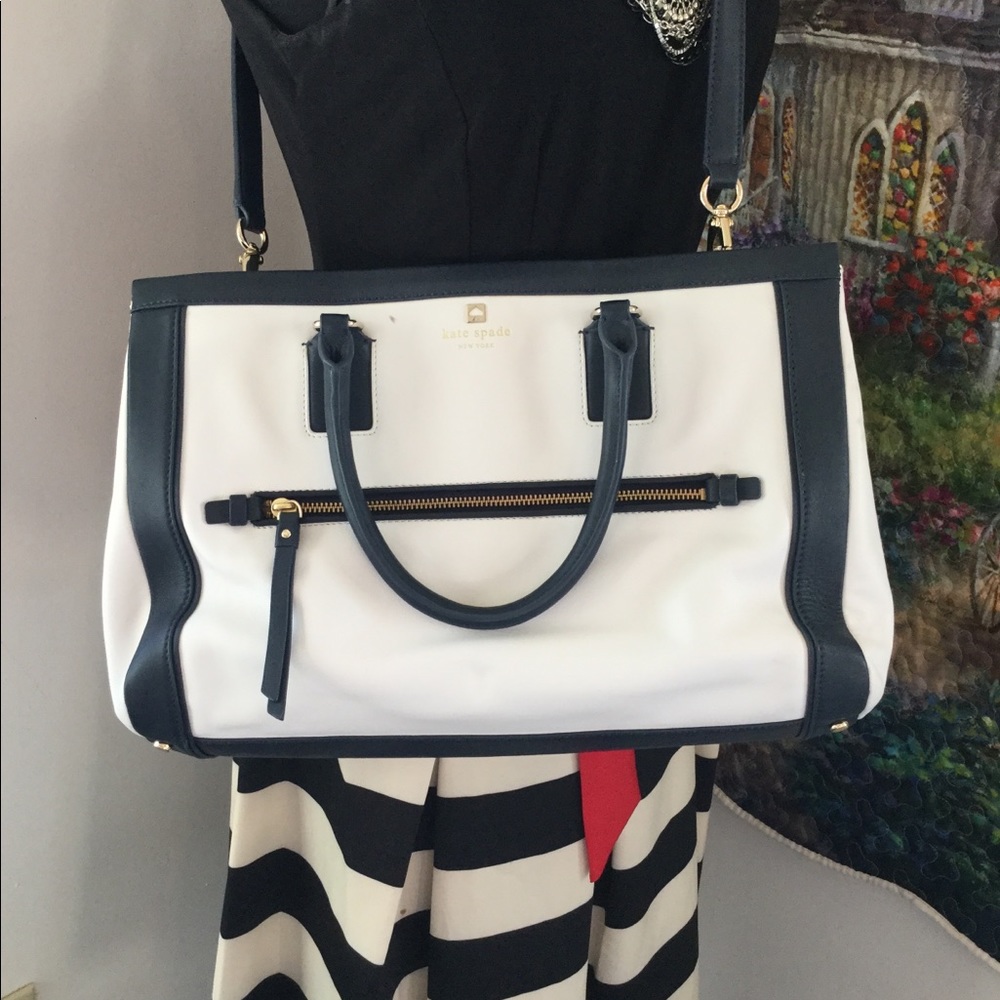 Large Leather Tote Crossbody Navy Blue & White